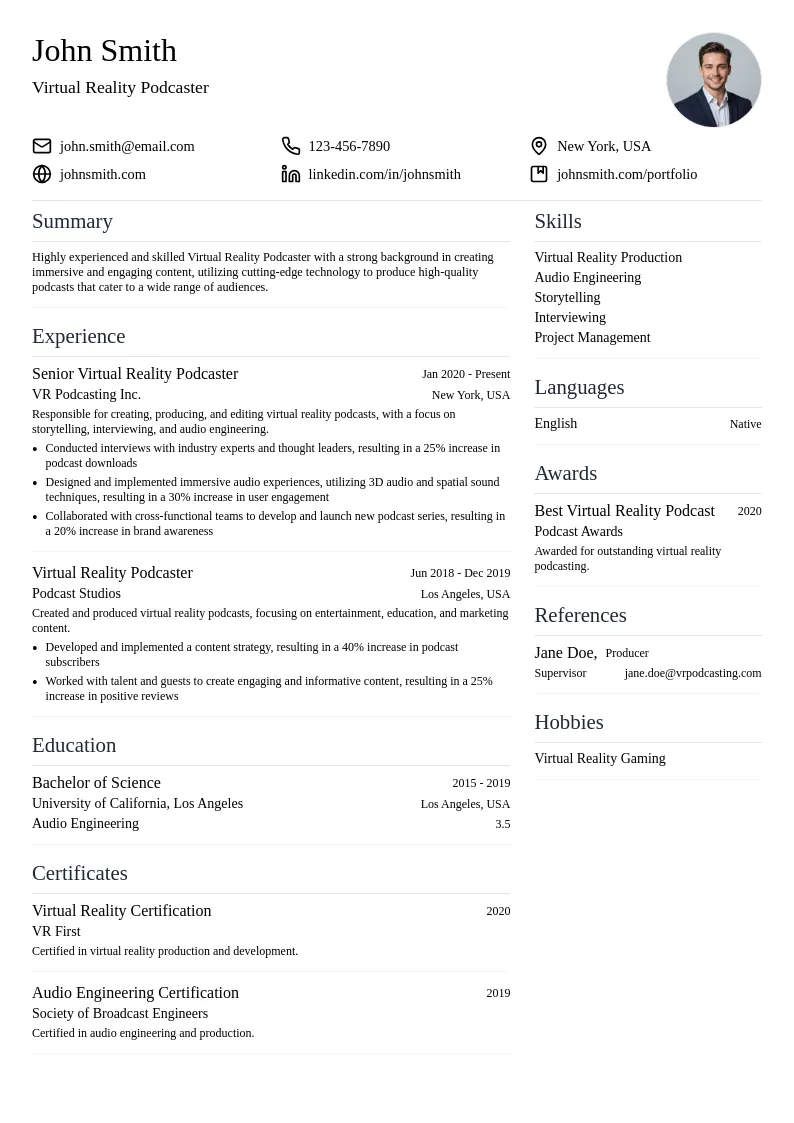 Virtual Reality Podcaster resume example