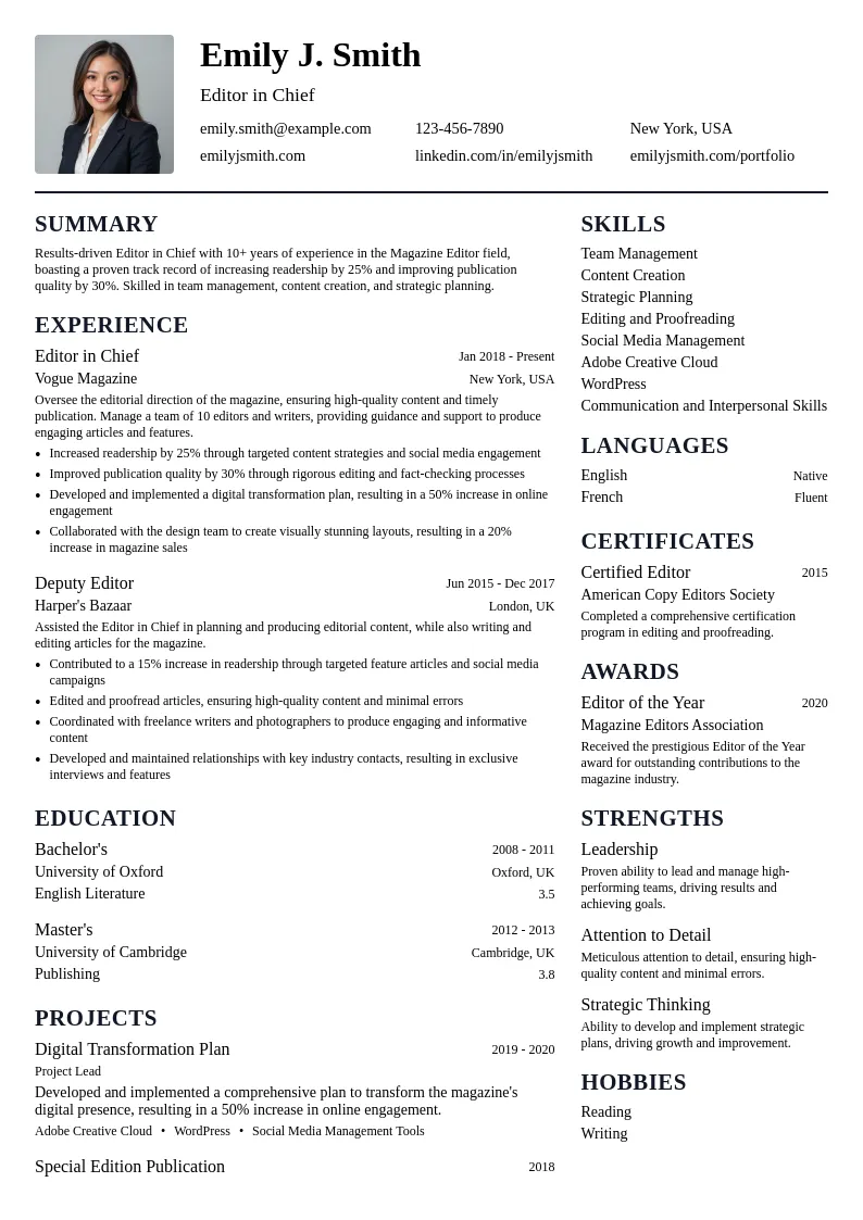 Editor in Chief resume example