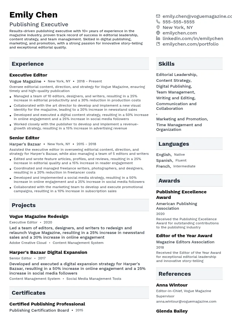 Publishing Executive resume example