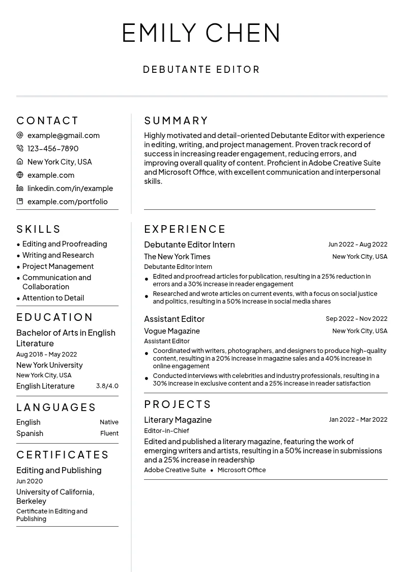 Debutante Editor resume example