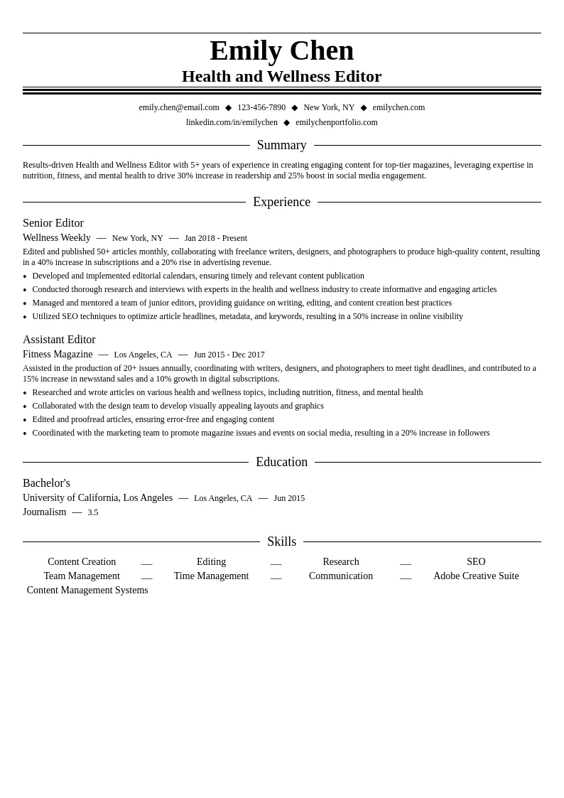 Health and Wellness Editor resume example