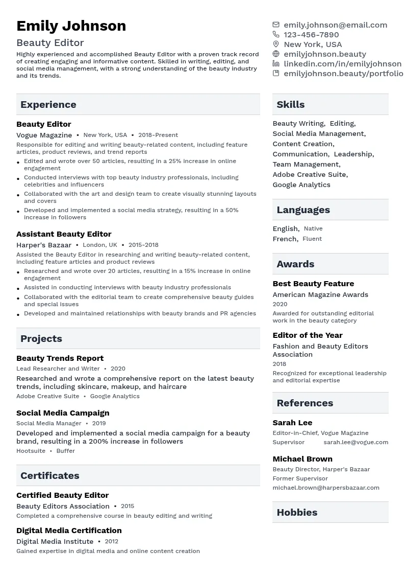 Beauty Editor resume example