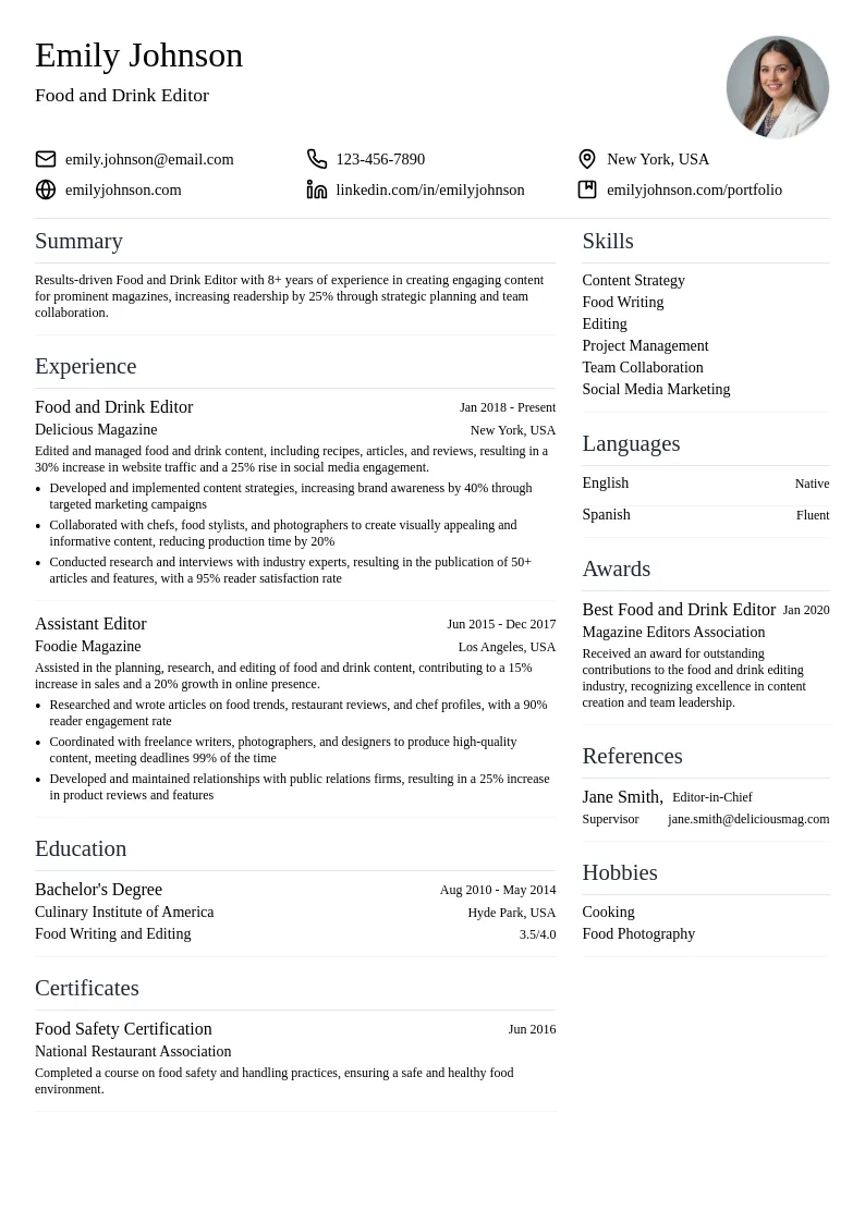 Food and Drink Editor resume example