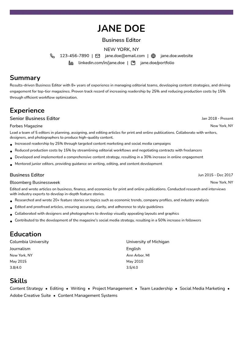 Business Editor resume example