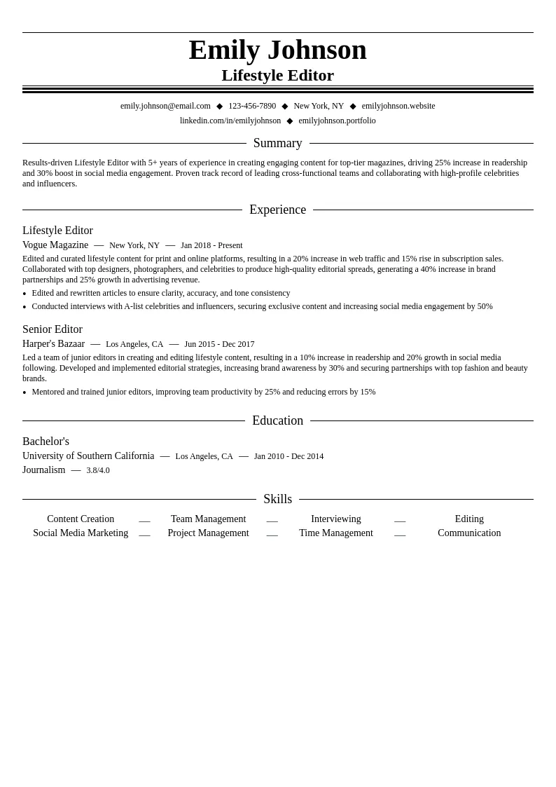 Lifestyle Editor resume example