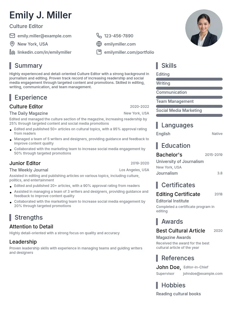 Culture Editor resume example
