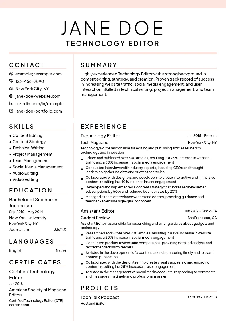 Technology Editor resume example