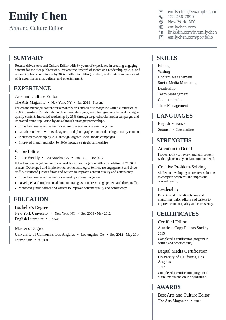 Arts and Culture Editor resume example