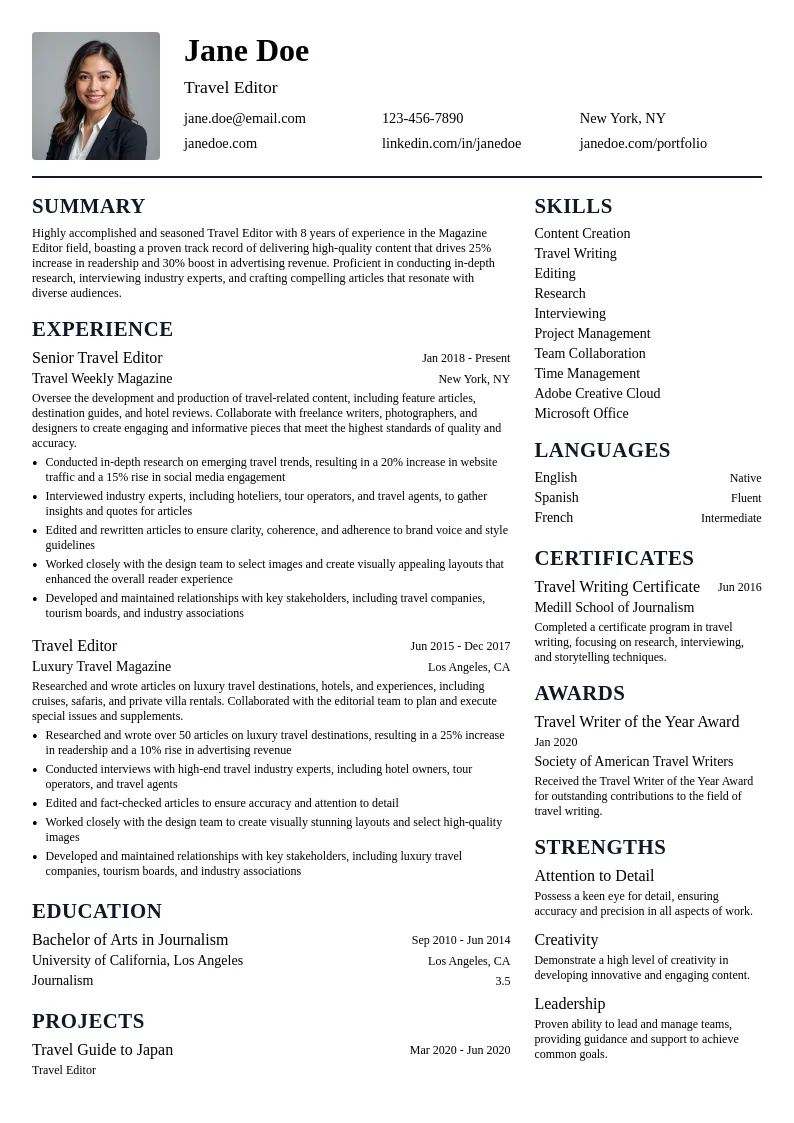 Travel Editor resume example