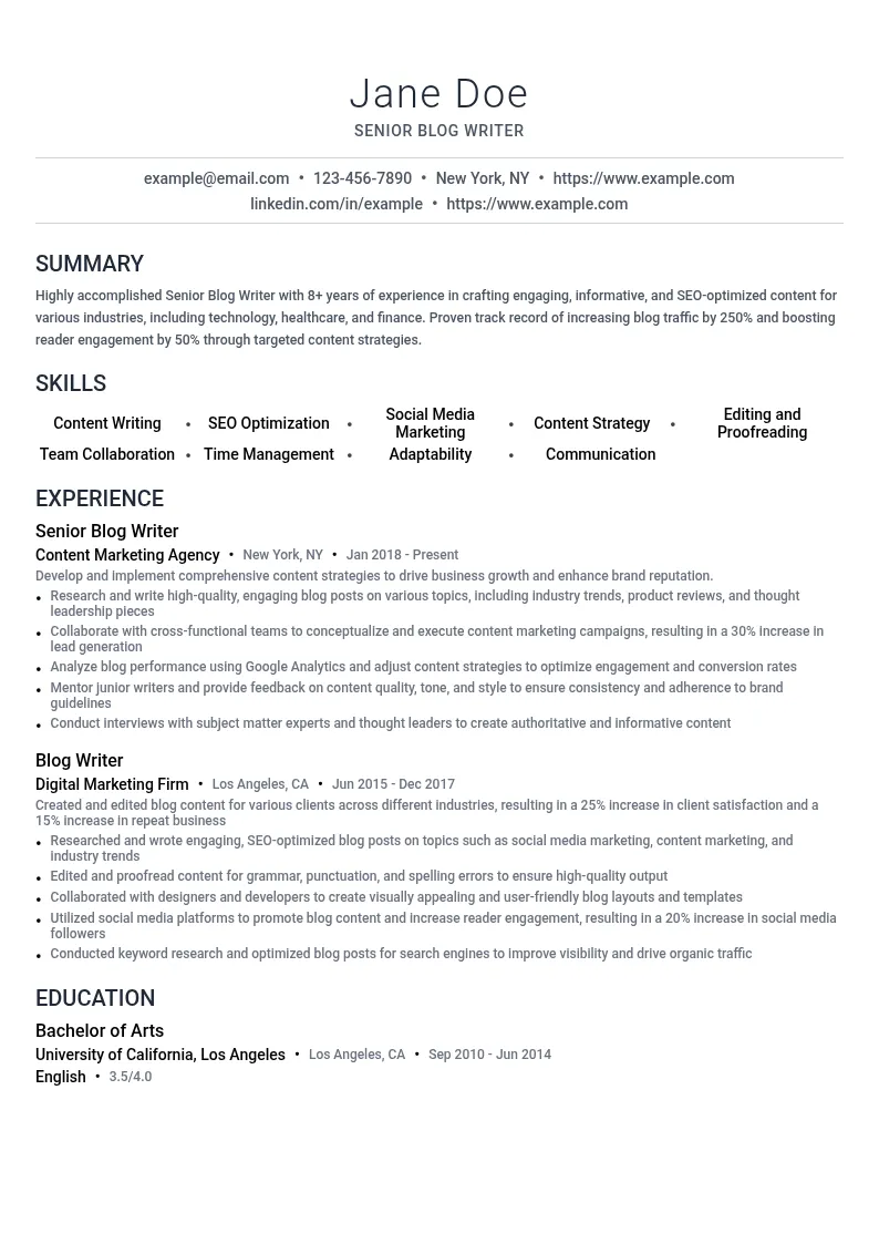 Senior Blog Writer resume example