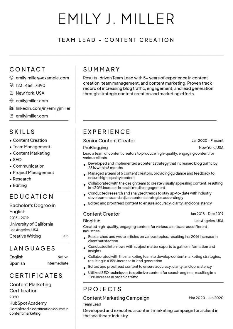 Team Lead - Content Creation resume example