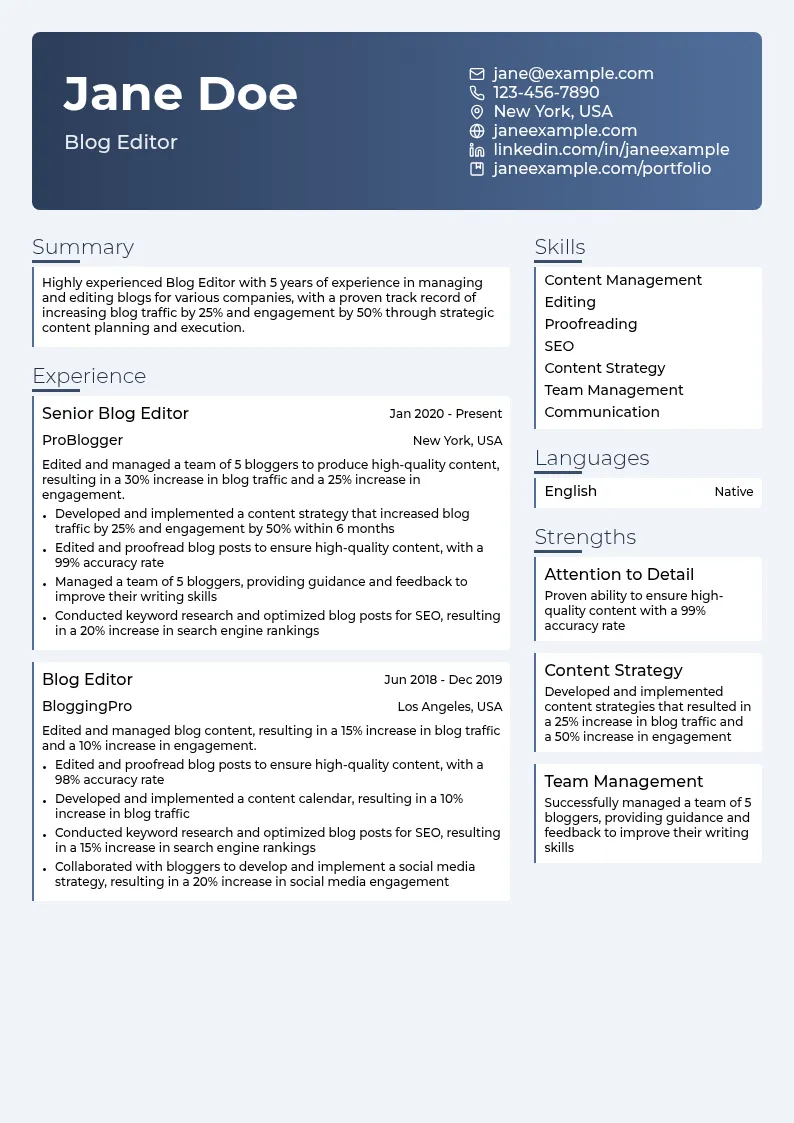 Blog Editor resume example