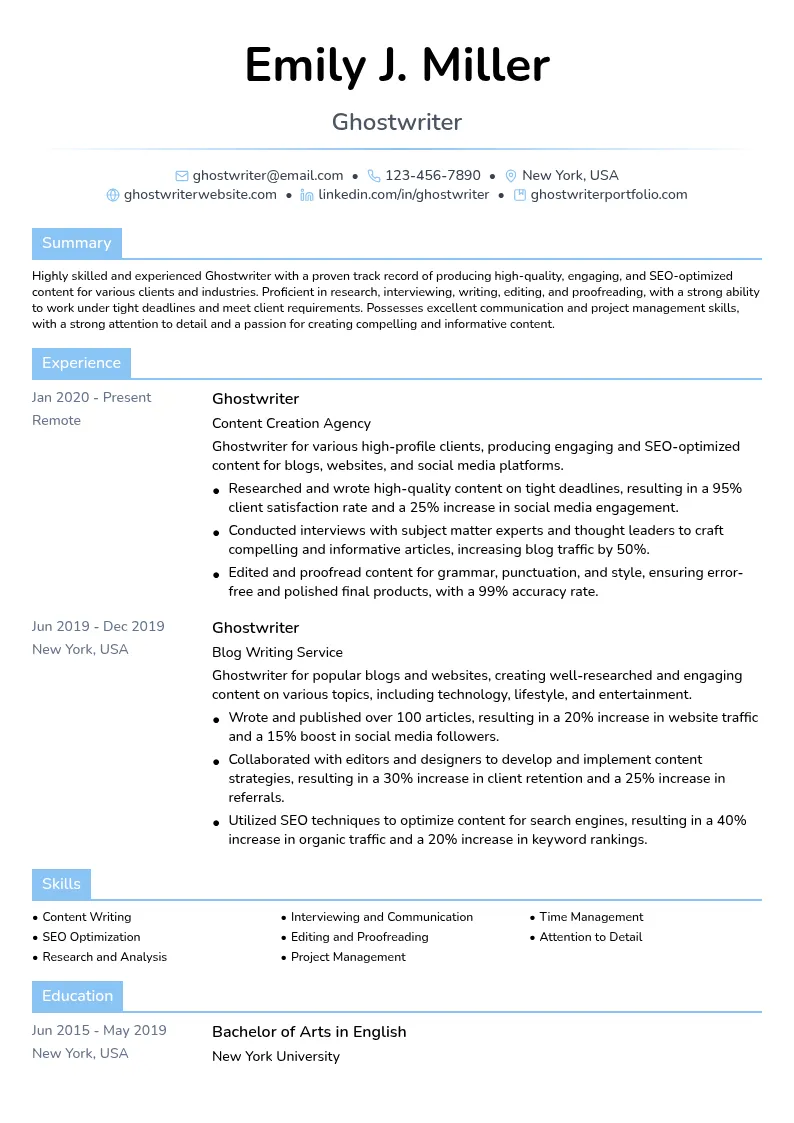 Ghostwriter resume example