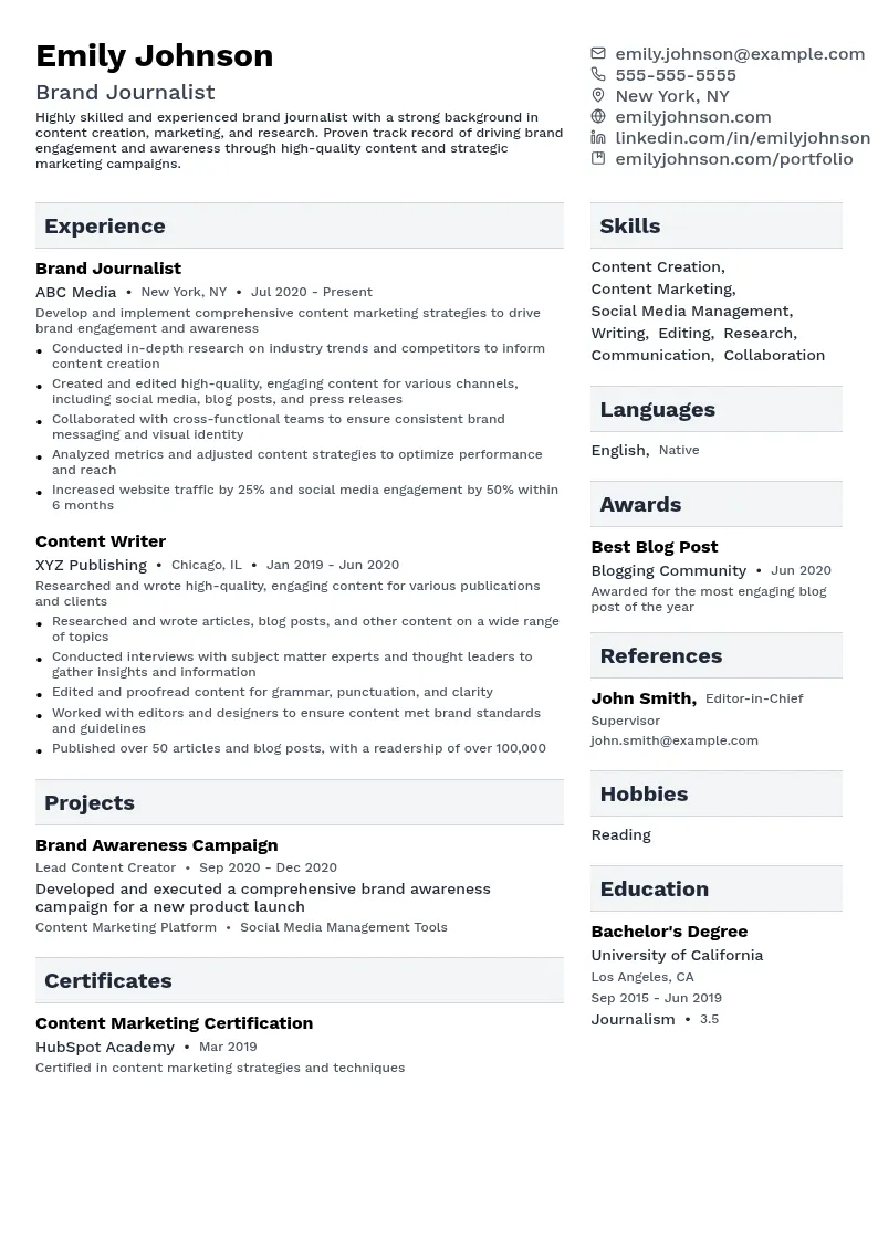 Brand Journalist resume example