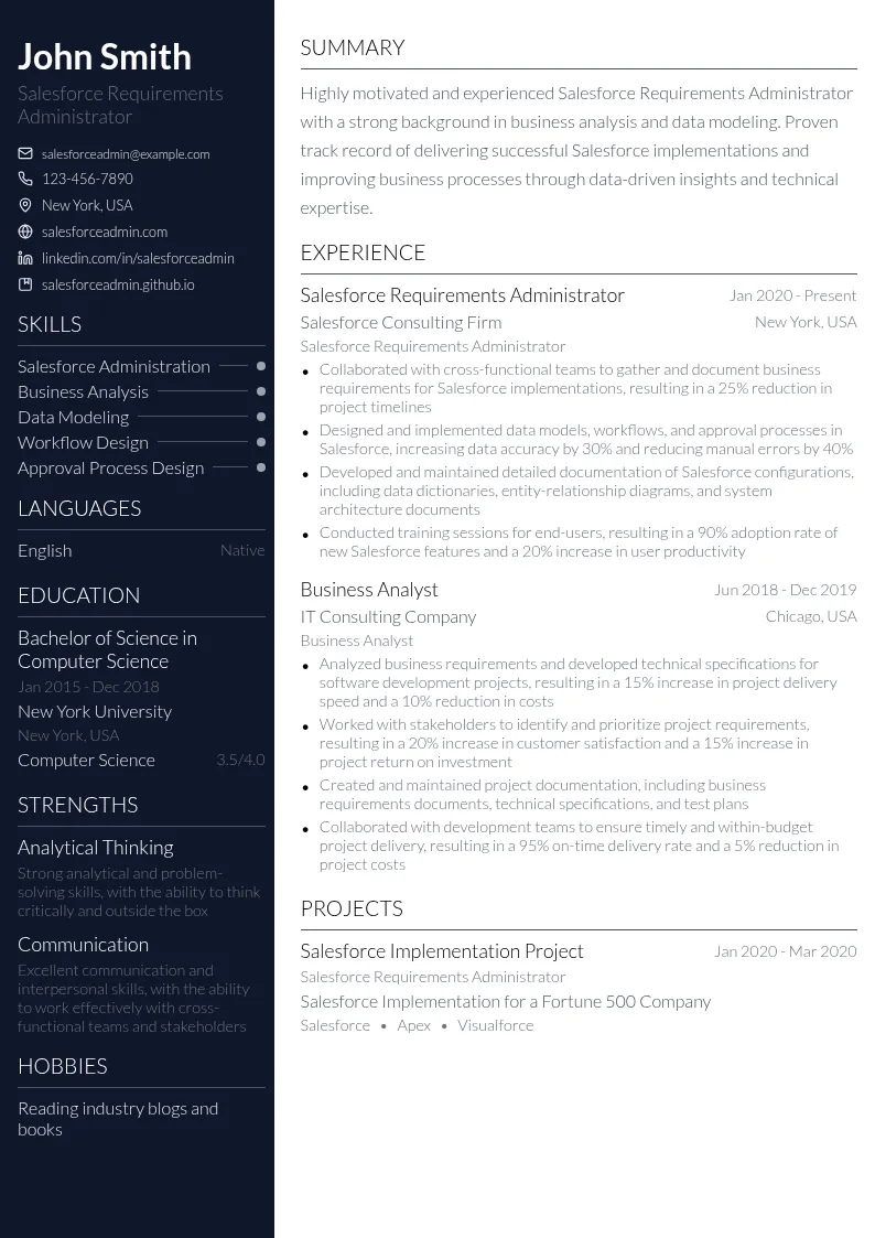 Salesforce Requirements Administrator resume example