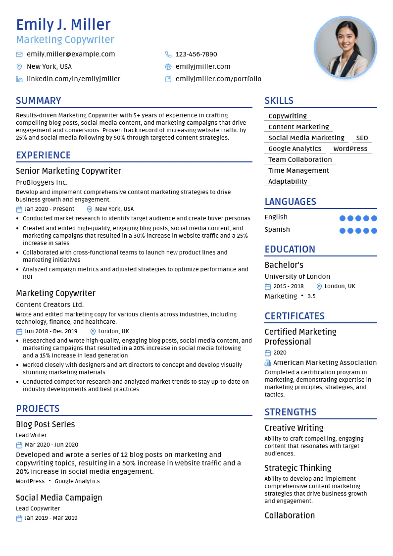 Marketing Copywriter resume example
