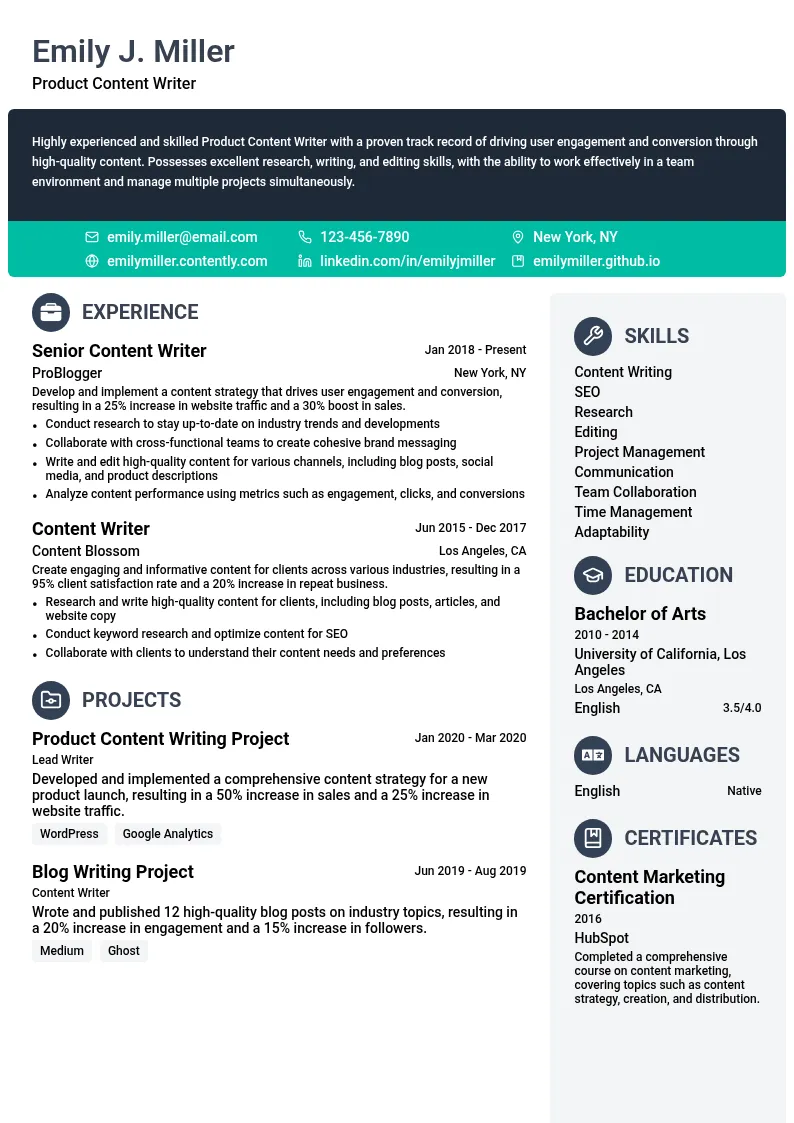 Product Content Writer resume example