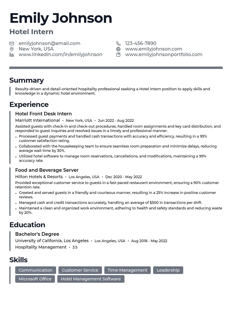Hotel Intern resume example