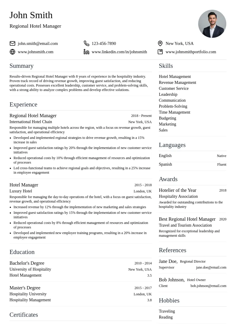 Regional Hotel Manager resume example