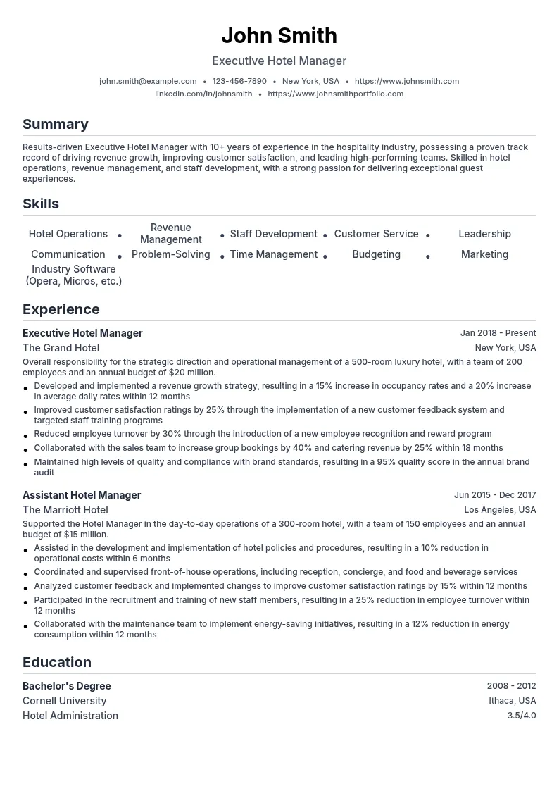 Executive Hotel Manager resume example