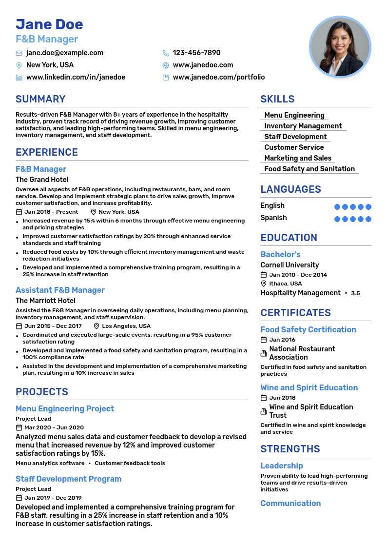 F&B Manager resume example