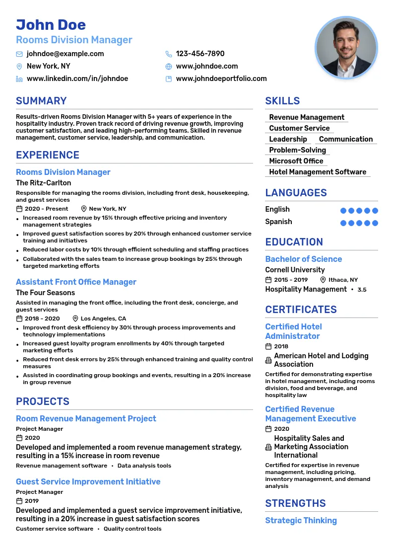 Rooms Division Manager resume example