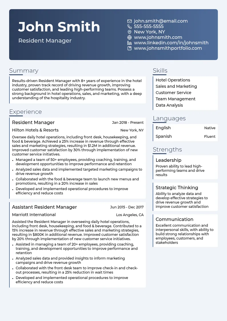 Resident Manager resume example