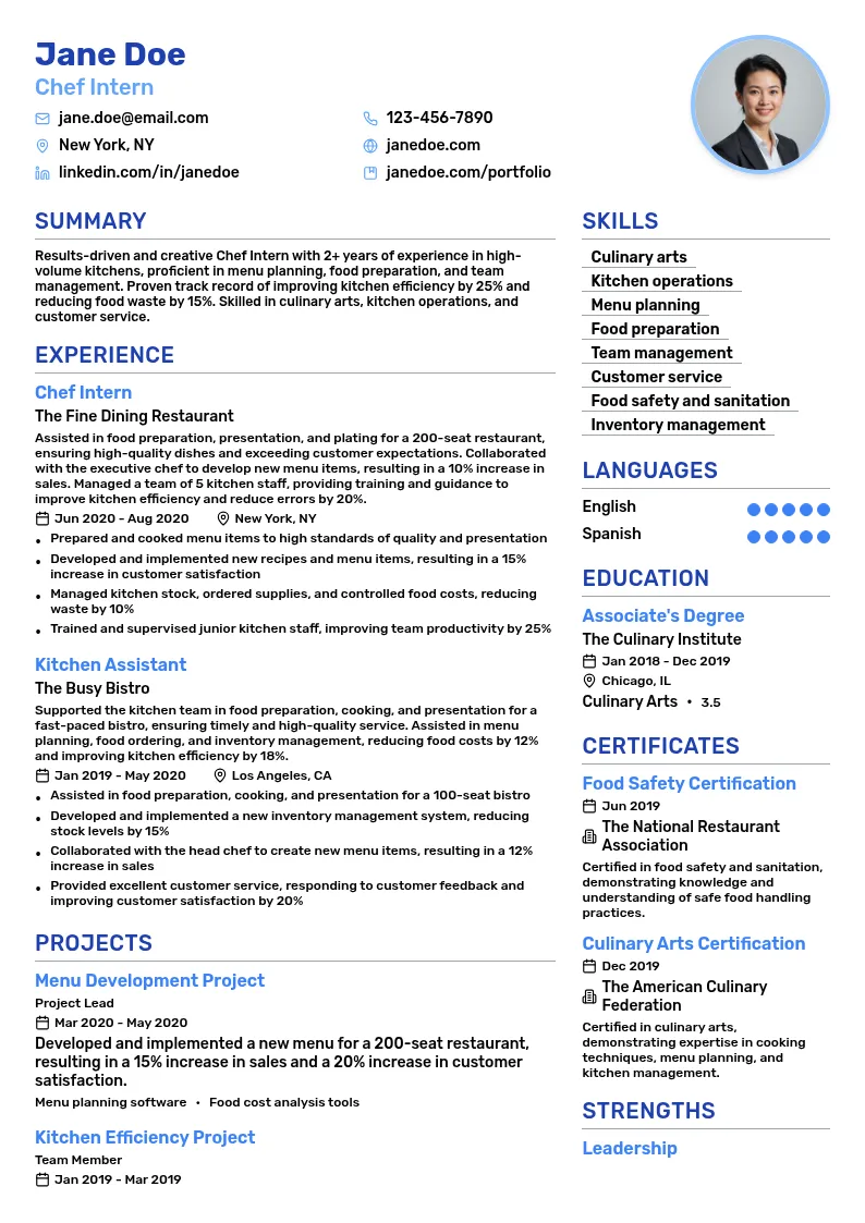 Chef Intern resume example