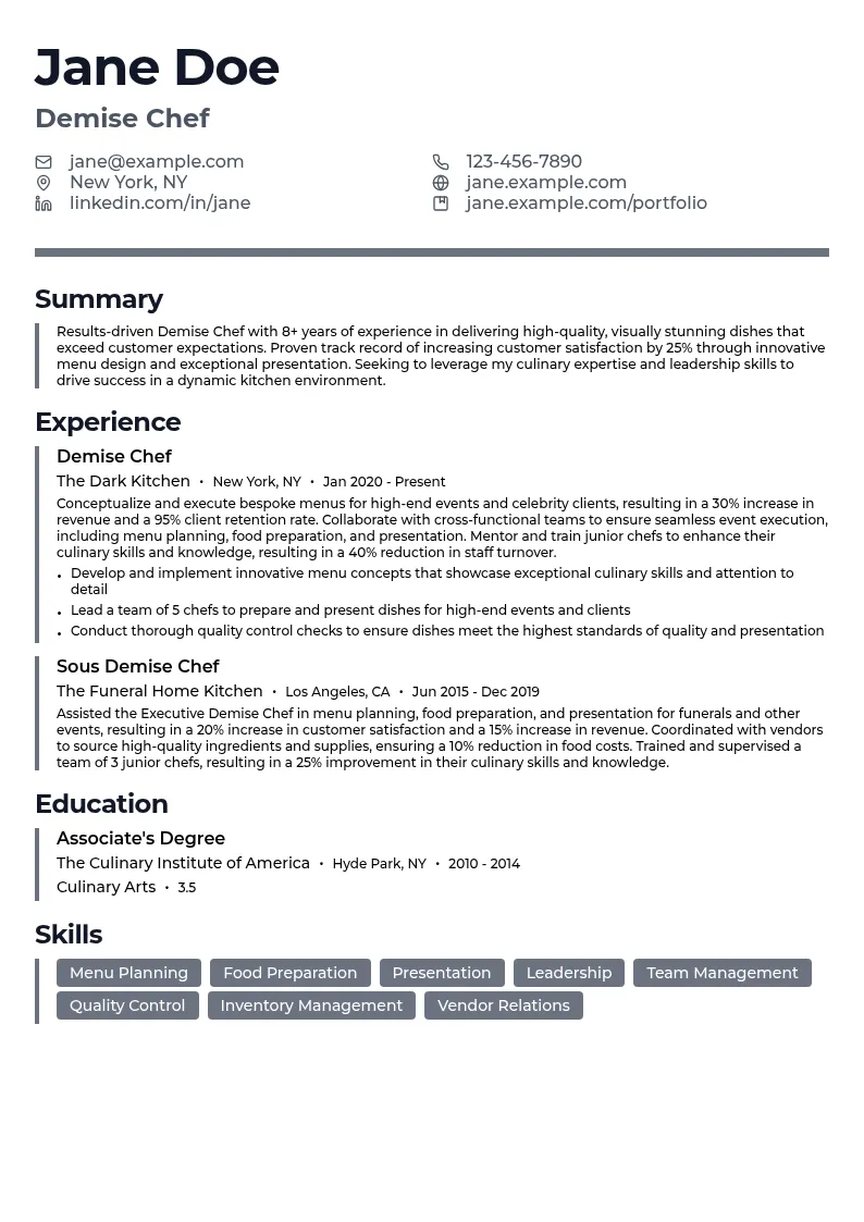Demise Chef resume example