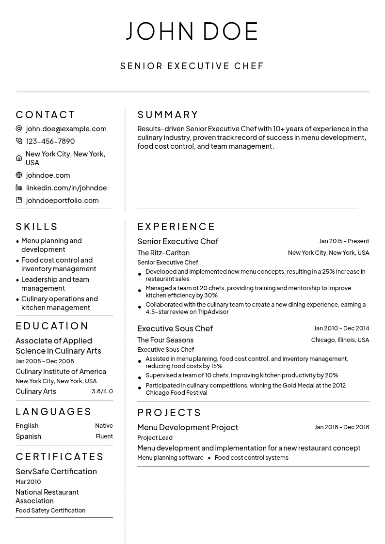 Senior Executive Chef resume example