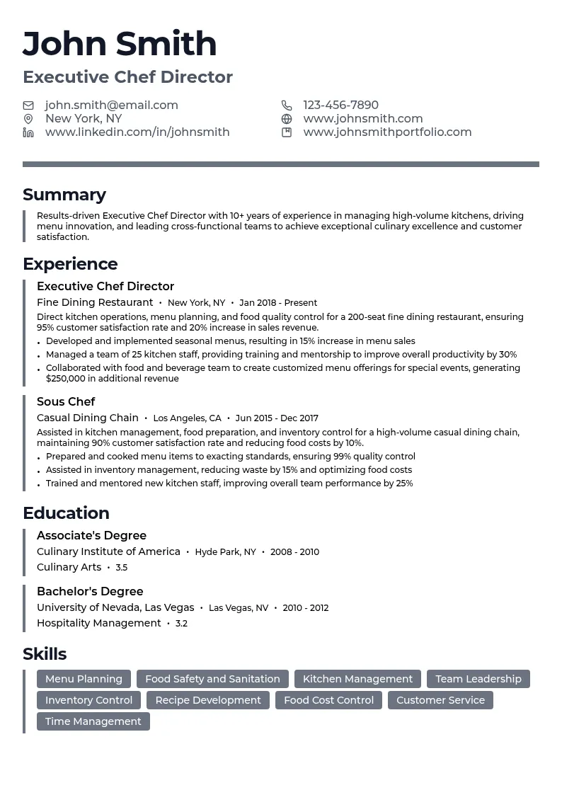 Executive Chef Director resume example