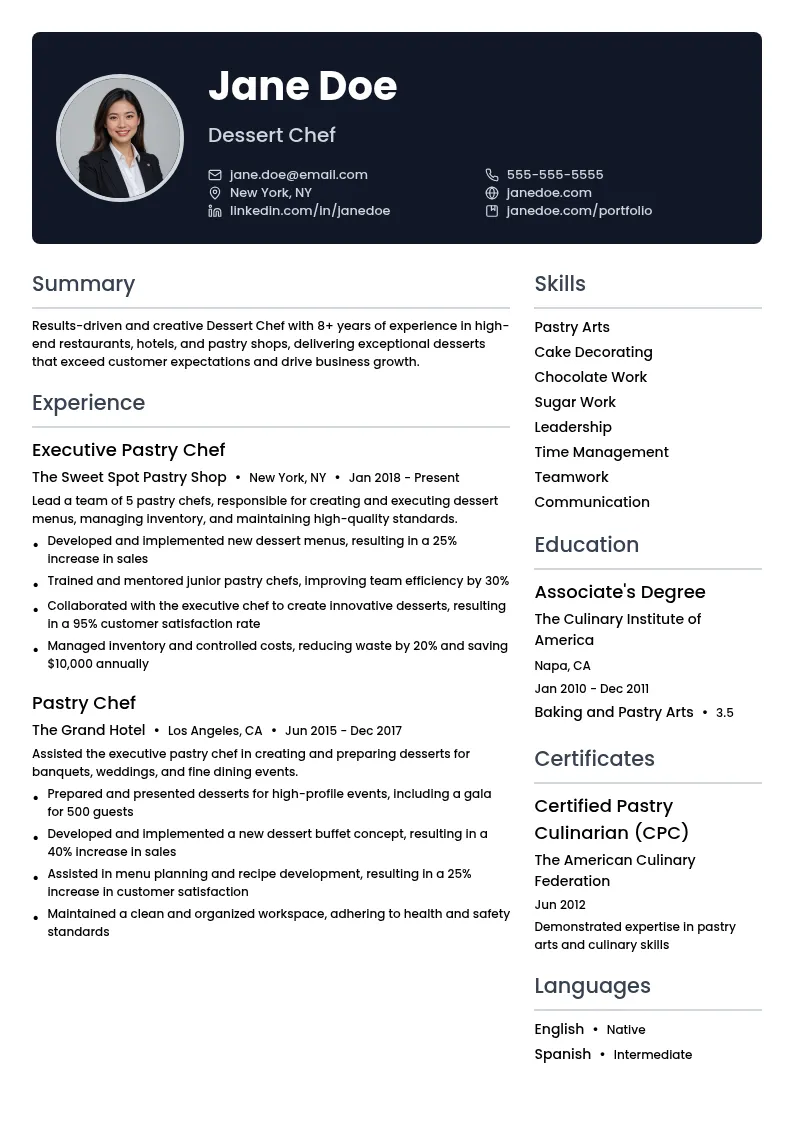 Dessert Chef resume example