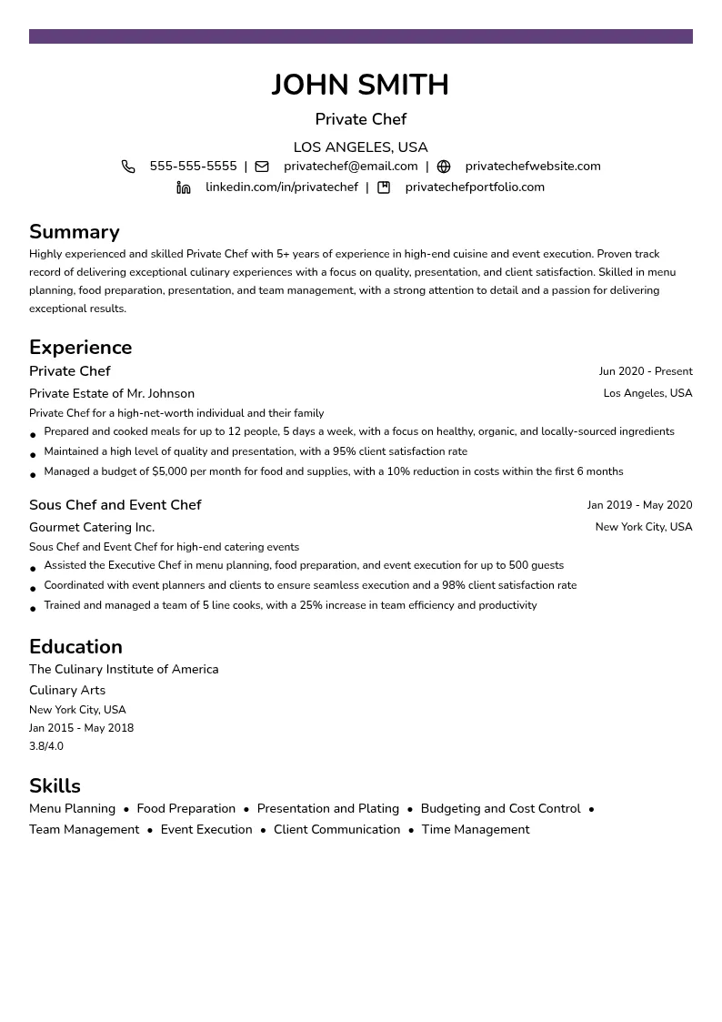 Private Chef resume example