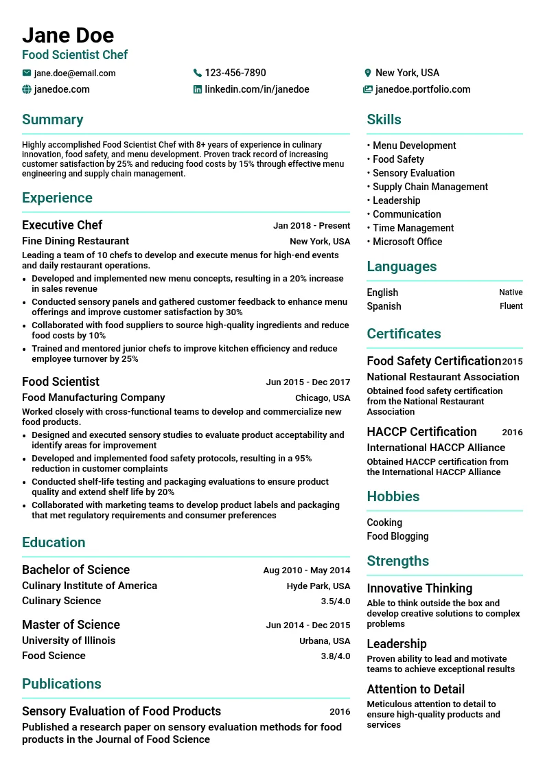 Food Scientist Chef resume example