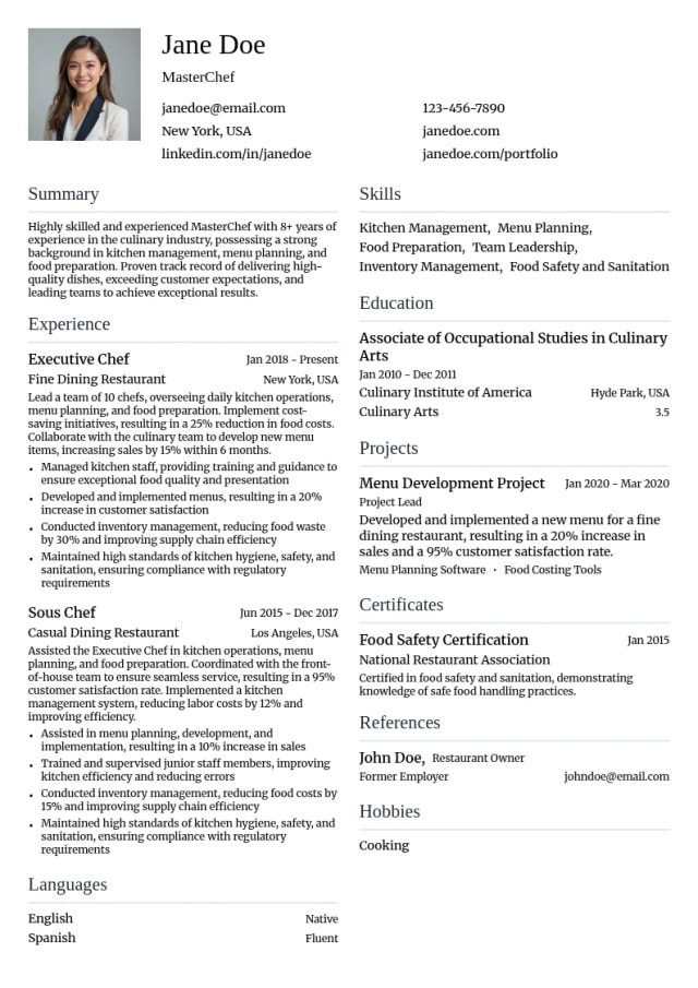 MasterChef resume example