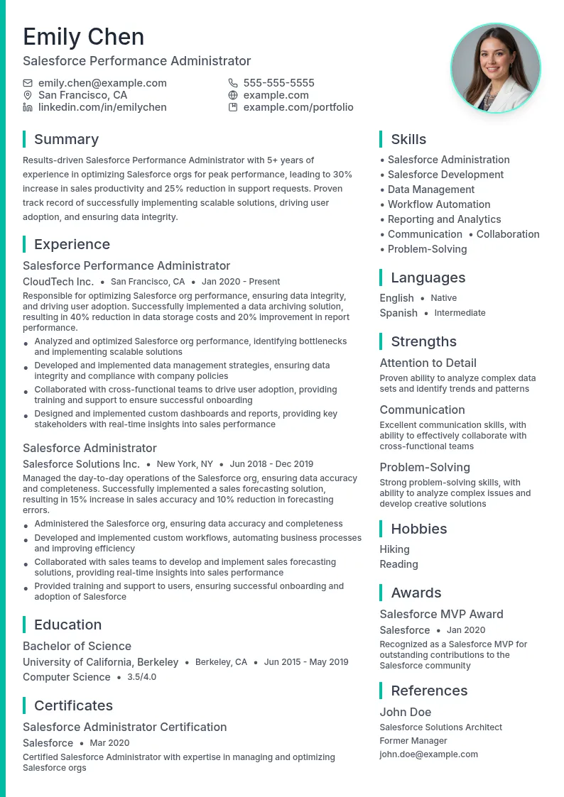 Salesforce Performance Administrator resume example