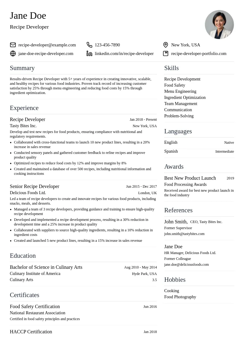 Recipe Developer resume example