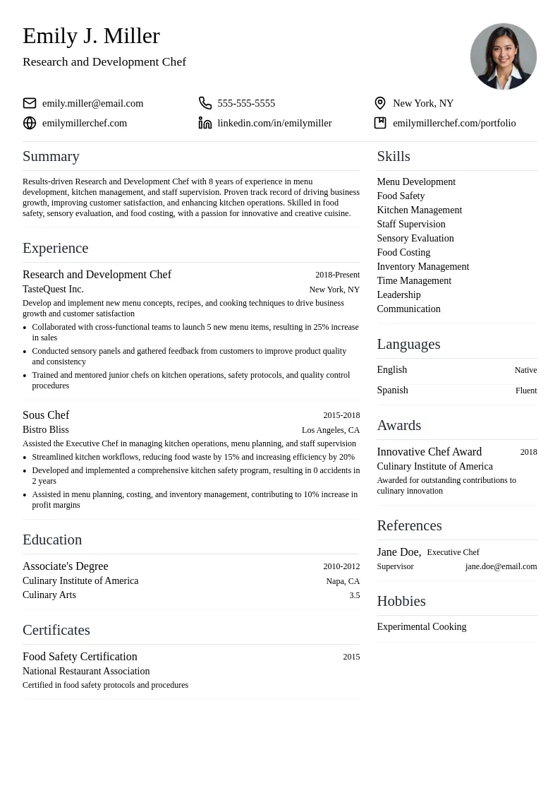 Research and Development Chef resume example