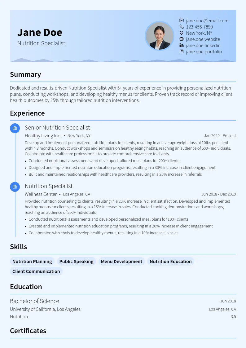 Nutrition Specialist resume example