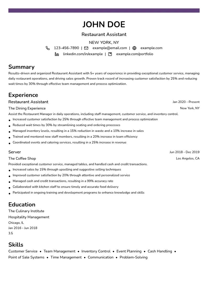 Restaurant Assistant resume example