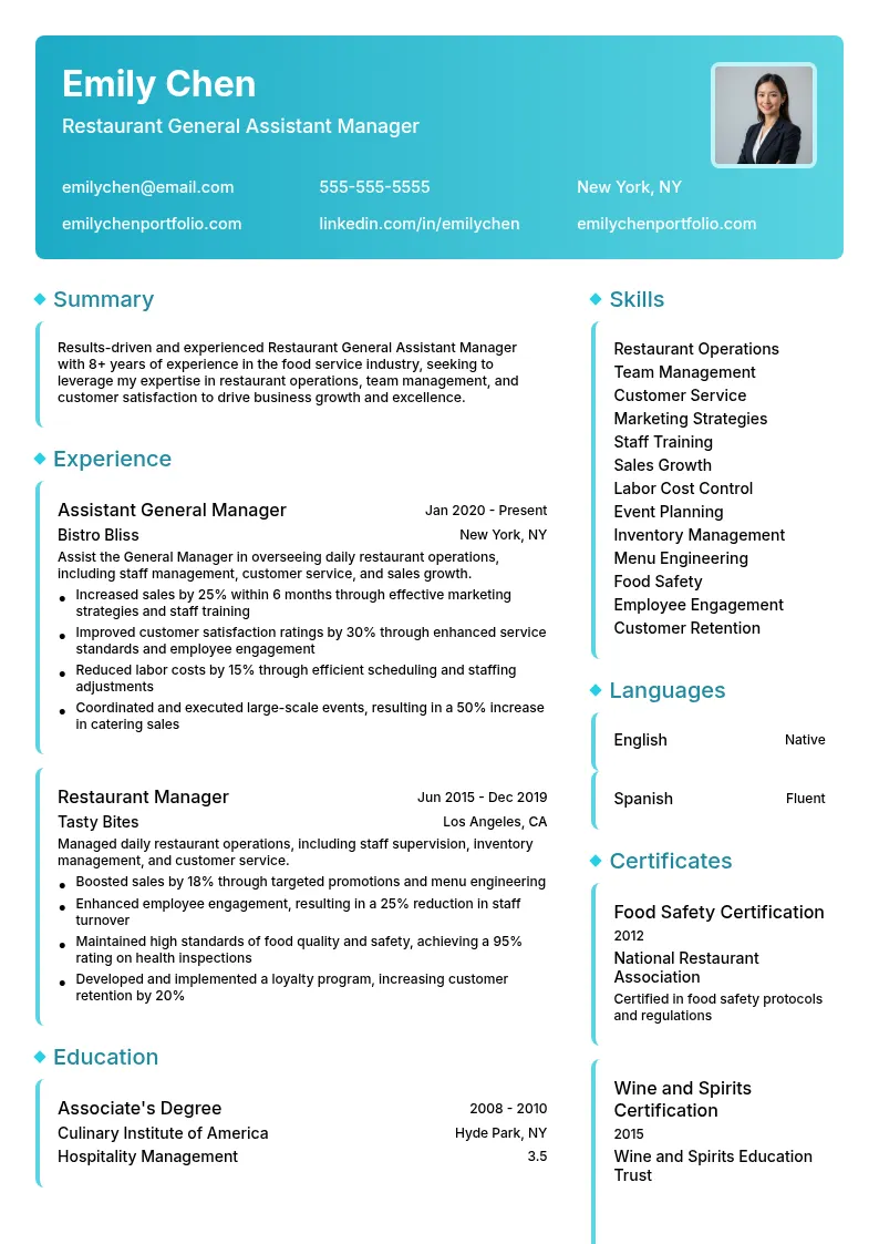 Restaurant General Assistant Manager resume example