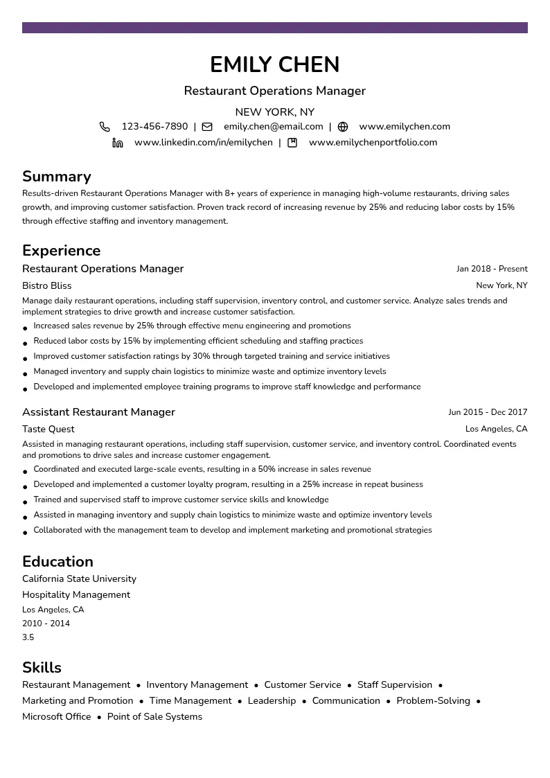 Restaurant Operations Manager resume example