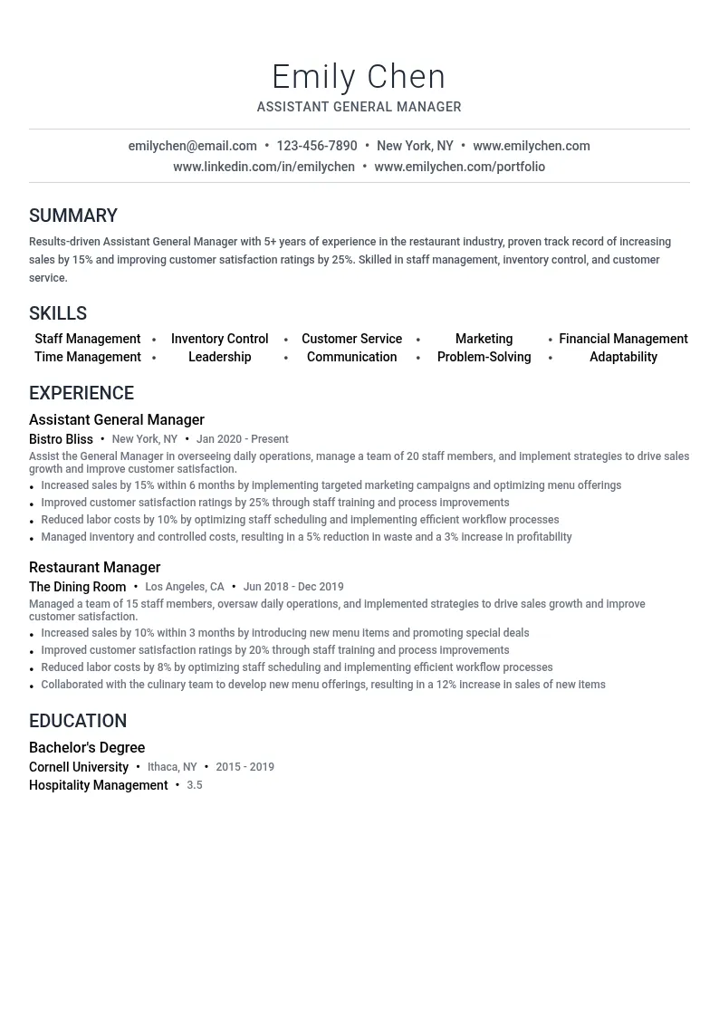 Restaurant Assistant General Manager resume example