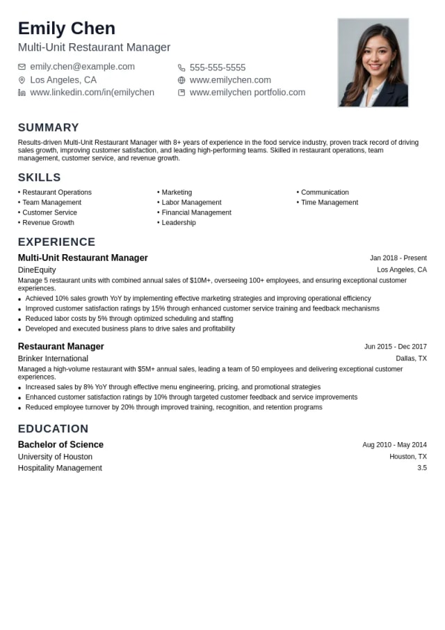 Multi-Unit Restaurant Manager resume example