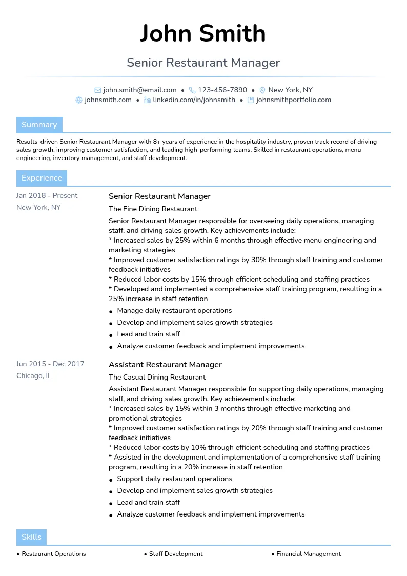 Senior Restaurant Manager resume example