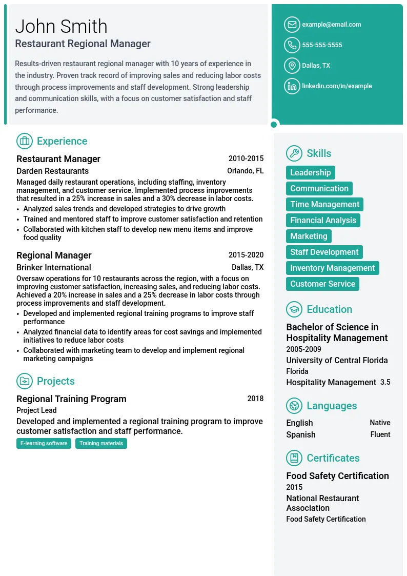 Restaurant Regional Manager resume example