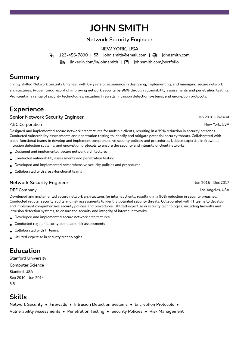Network Security Engineer resume example