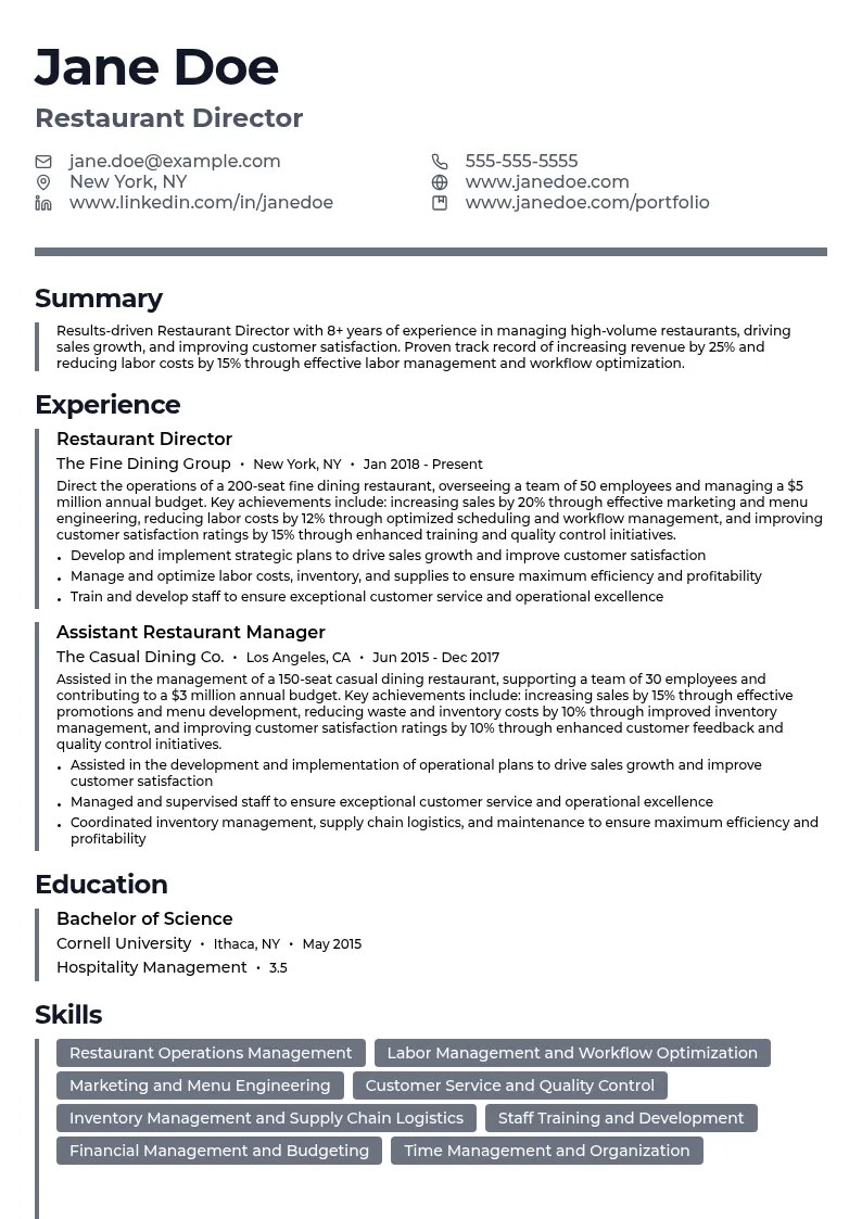 Restaurant Director resume example