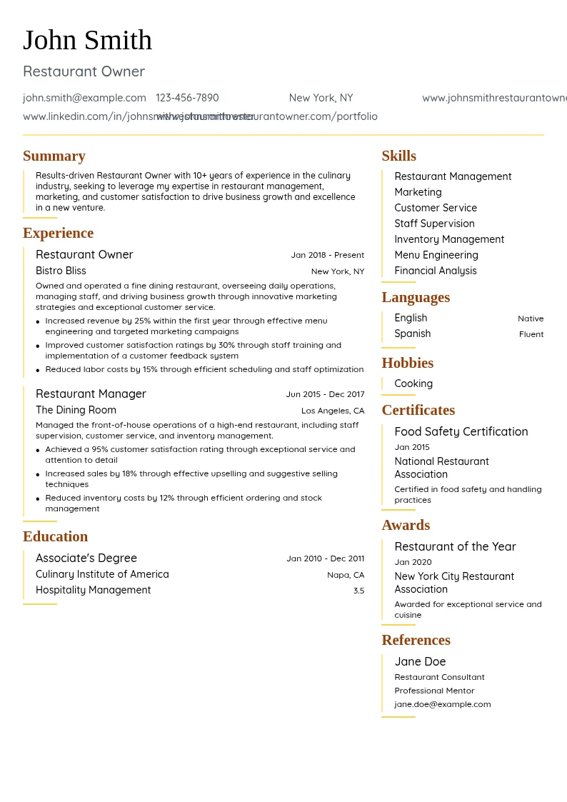 Restaurant Owner resume example