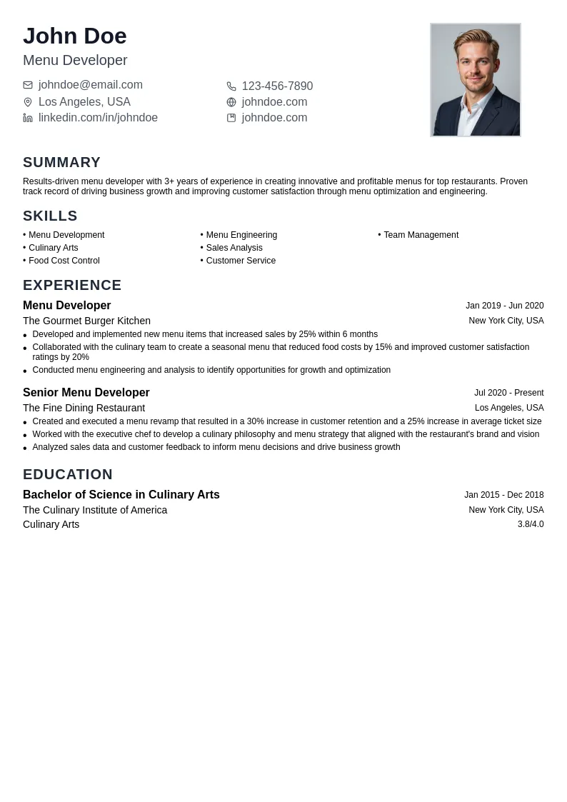 Menu Developer resume example